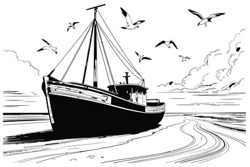 Fishing boat on shore with seagulls, hand drawn black and white sketch.