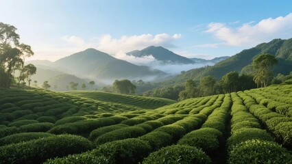 Rolling green tea plantations in a mountainous landscape with misty peaks and clear blue sky