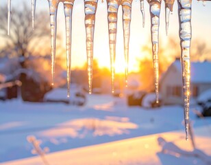 Icy formations, glistening in the golden light of sunrise, hang from a roofline, showcasing a winter wonderland scene.