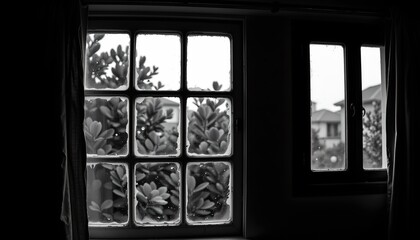 High Contrast Black and White Window Scene with Light and
