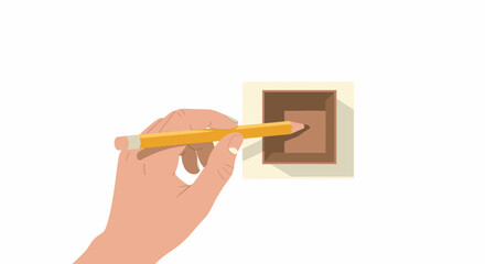 Human Hand Holding Yellow Pencil Pointing at Brown Square Shape Vector Illustration.