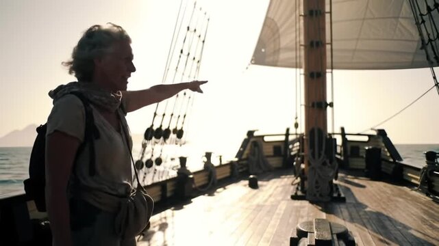 A woman points towards the horizon from the deck of a majestic sailing ship at sea.