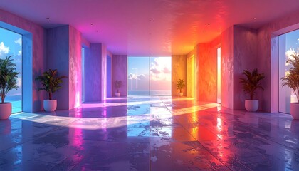 A vibrant, modern interior space bathed in hues of neon pink, blue, and orange, showcasing panoramic ocean views.