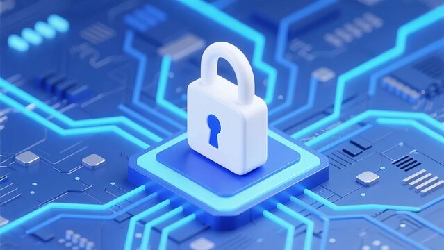 Digital lock icon on a circuit board background representing cybersecurity and data protection - Powered by Adobe