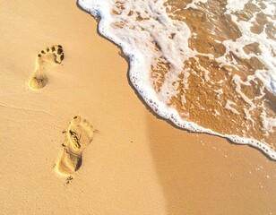 Two footprints in wet sand, ocean wave approaching