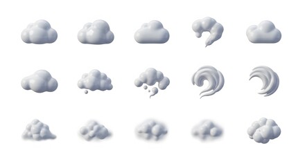 Collection of 3D Rendered Cloud Icons and Weather Symbols.