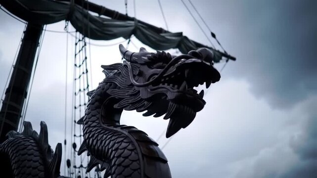 A dramatic close-up of a carved dragon figurehead on a ship under a cloudy sky.