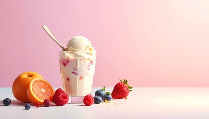 A delightful display of refreshing ice cream, garnished with fresh berries and citrus fruits, against a soft pink backdrop.