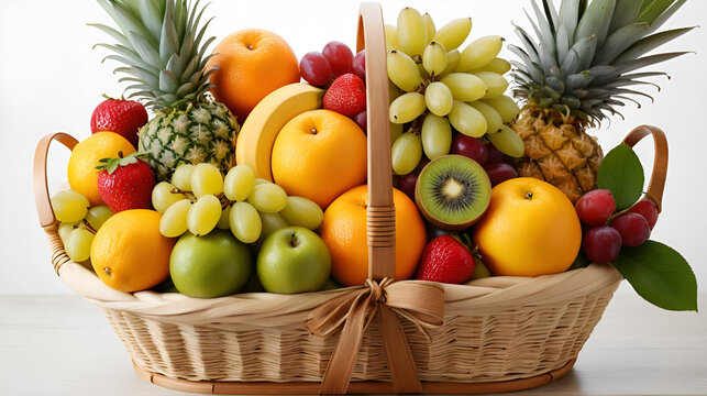 This delightful image showcases a beautifully arranged fruit basket filled with a variety of colorful and fresh fruits, epitomizing the essence of healthy eating and natural abundance. - Powered by Adobe