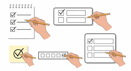 Hands with Pencil Marking Checkboxes on Various Checklists and Notes.