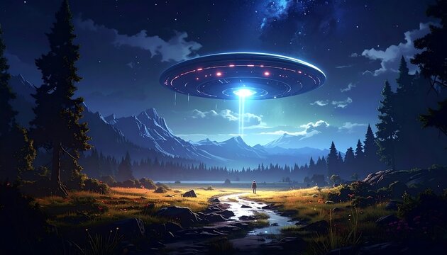 A majestic, otherworldly scene depicts a serene mountain landscape at night, with a futuristic spaceship hovering above, casting a mesmerizing glow.