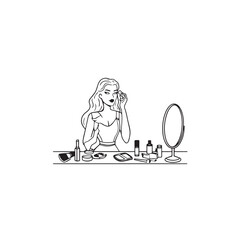 Black and white line art of a beautiful woman doing makeup at dressing table with mirror illustration