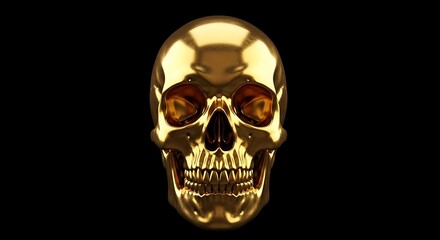 A polished golden skull, intricately detailed, dominates a dark background, highlighting its gleaming texture and imposing presence.