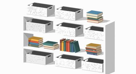Bookshelf with White Storage Boxes and Colorful Book Stacks.