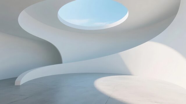 Abstract architectural interior with curved white forms and circular skylight