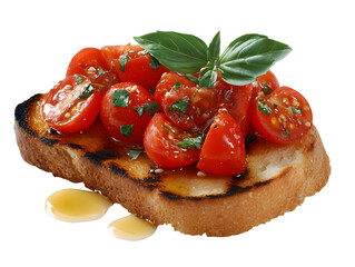 Grilled bruschetta topped with juicy cherry tomatoes, fresh basil, and olive oil, evoking Mediterranean freshness, perfect as appetizer or snack.