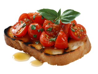 Grilled bruschetta topped with juicy cherry tomatoes, fresh basil, and olive oil, evoking Mediterranean freshness, perfect as appetizer or snack.