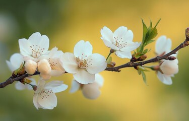 Close-up of delicate white cherry blossoms on a branch with fresh green leaves against a soft yellow and green blurred background