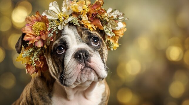Cute Bulldog Puppy Running Through Yellow Flower Field &ndash; Adorable Dog Outdoors Photography