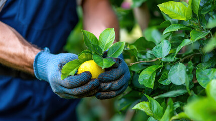 Lemon being harvested from a bush with green leaves in a garden, hands wearing gloves gently holding fresh fruit ready for picking, bright and lush natural environment.