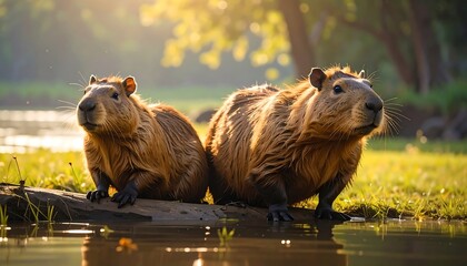 Two capybara sit by a tranquil riverbank, bathed in the warm glow of dawn sunlight.