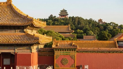 Traditional Chinese architecture with golden rooftops and red walls in a historic palace complex