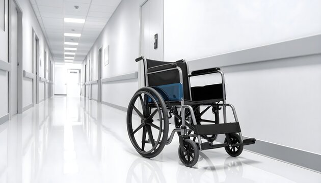 An empty wheelchair sits alone in a long, clean, and sterile hospital or clinic corridor, creating a sense of solitude and waiting. - Powered by Adobe