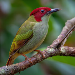 Obraz premium Vibrant Green and Red Tropics Bird Perched on a Tree Branch in its Native South American Habitat - Close-Up Photography of Colorful Wildlife in a Serene Forest Background