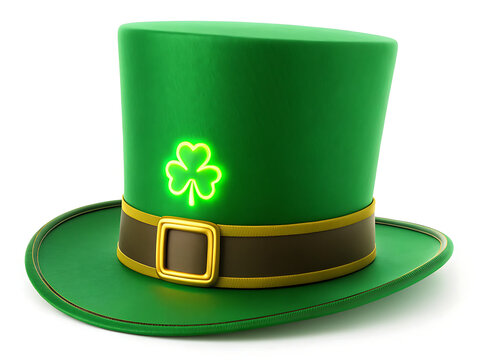 A green st patrick's day hat with a glowing shamrock and a brown and gold buckle on a white background
