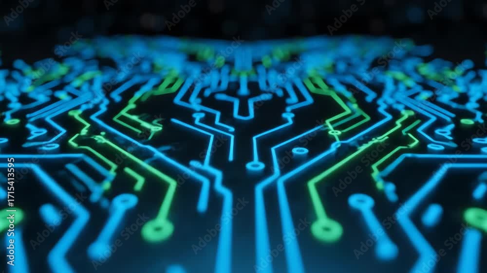 Wall mural glowing cybernetic circuits expand with abstract symmetrical balance, forming a complex seamlessly l