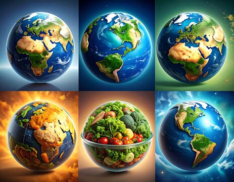 A collage of diverse Earth globes, showcasing various environmental scenarios, from a scorched planet to a vibrant, healthy one filled with food.
