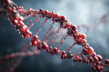 Red spheres form a double helix against a smoky backdrop