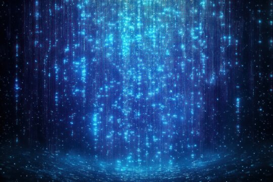 Bright blue glowing lights creating a cascading digital rain effect with sparkling particles in a dark background