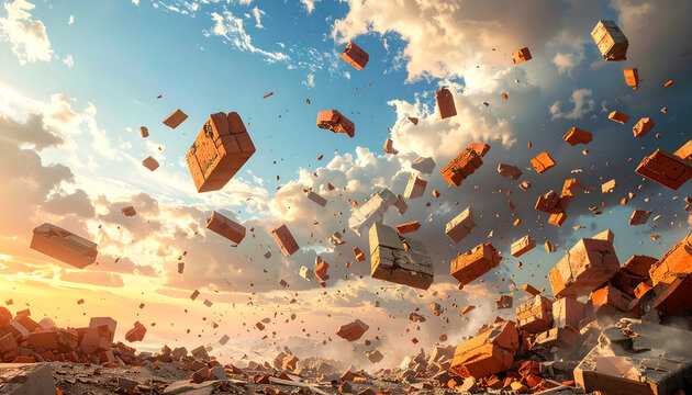 Orange Bricks Falling Against Dramatic Sky