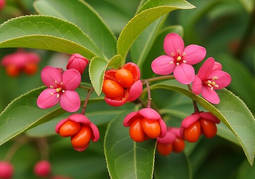 Delicate Spindle Tree Blooms Displaying a Captivating Contrast Between Petals and Berries