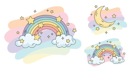 Fototapeta premium A whimsical collection of pastel rainbows clouds and stars with a crescent moon.