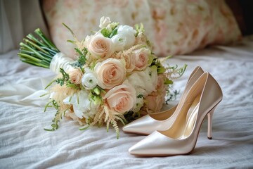 Elegant bridal bouquet of pale roses and white flowers alongside a pair of shiny beige high heels on a fabric surface with a soft floral background
