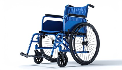 Fototapeta premium Modern blue manual wheelchair for mobility assistance isolated on a white background.