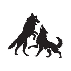 A vector silhouette illustration of a fight between two wolves.