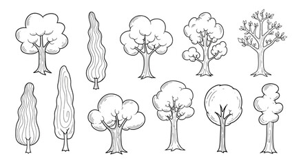 Line art drawing of various tree shapes and forms, simple black and white illustration for educational and decorative botanical purposes.