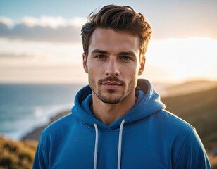 Portrait of a Man in Blue Hoodie Against Coastal Backdrop with Golden Hour Light