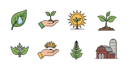 Set of icons representing agriculture and plant growth.