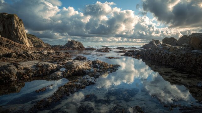 A serene coastal landscape with rocky shores and reflective tide pools under a dramatic sky, capturing the beauty of nature - Powered by Adobe