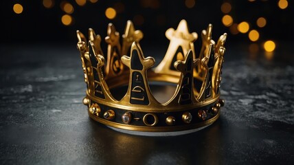 Ornate golden crown resting on a dark surface with blurred light background