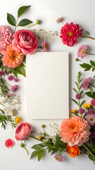 Obraz premium Blank white card surrounded by a variety of colorful flowers and greenery.