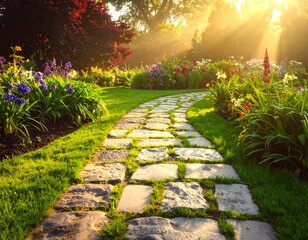 A sun-drenched garden path winds through vibrant flowerbeds, bathed in golden sunlight.