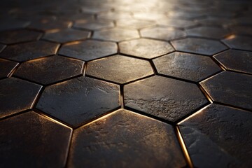 Dark, metallic hexagonal tiles, glowing edges, perspective