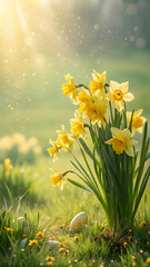 Fototapeta premium A cluster of bright yellow daffodils bathed in warm, golden sunlight, with a hint of an Easter egg nestled in the grass.