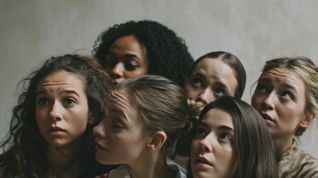 A group of women with wide searching eyes frantically looking in all directions, their heads turned at different angles scanning desperately for something unseen, empty white void with subtle shadows,
