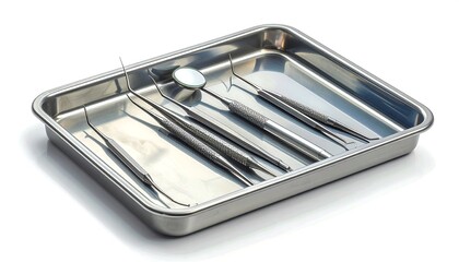 A small tray of dental instruments arranged neatly, isolated on bright white.